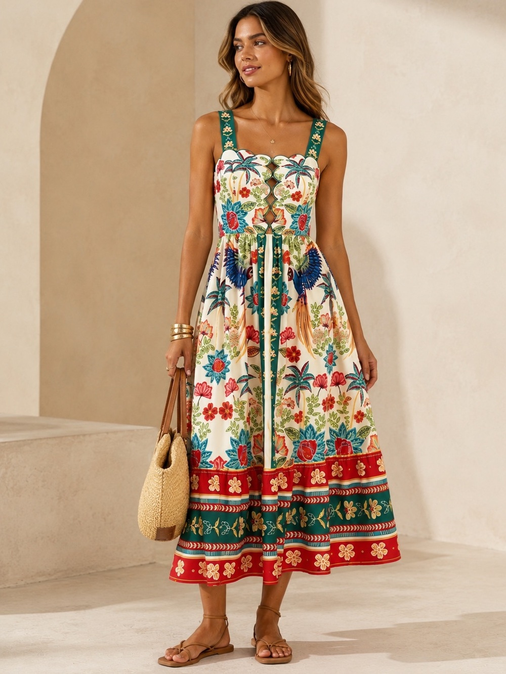 NEW - Tropical Floral Midi Dress Boho Resort Vacation Multicolor